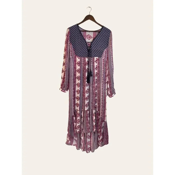 Altar'd State High Low Long Sleeve Bohemian V-Neck Tassel Maxi Dress Size S - Picture 4 of 8